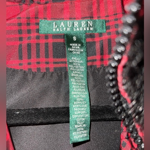 Lauren Ralph Lauren Plaid Down Puffer Vest Red Black faux Fur Collar Size Small - Picture 2 of 5